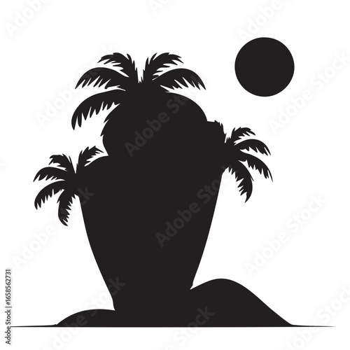 Vector art of silhouette of a tropical island with palm trees and a sun, isolated on a, representing a serene vacation destination