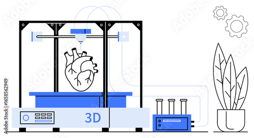 3D printer fabricating a human heart model surrounded by scientific tools, gears, and a decorative potted plant. Ideal for healthcare innovation, medical technology, bioprinting, science
