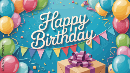 Colorful happy birthday greeting with multicolor balloons, bunting flags, confetti, and gift box on blue background for festive celebration