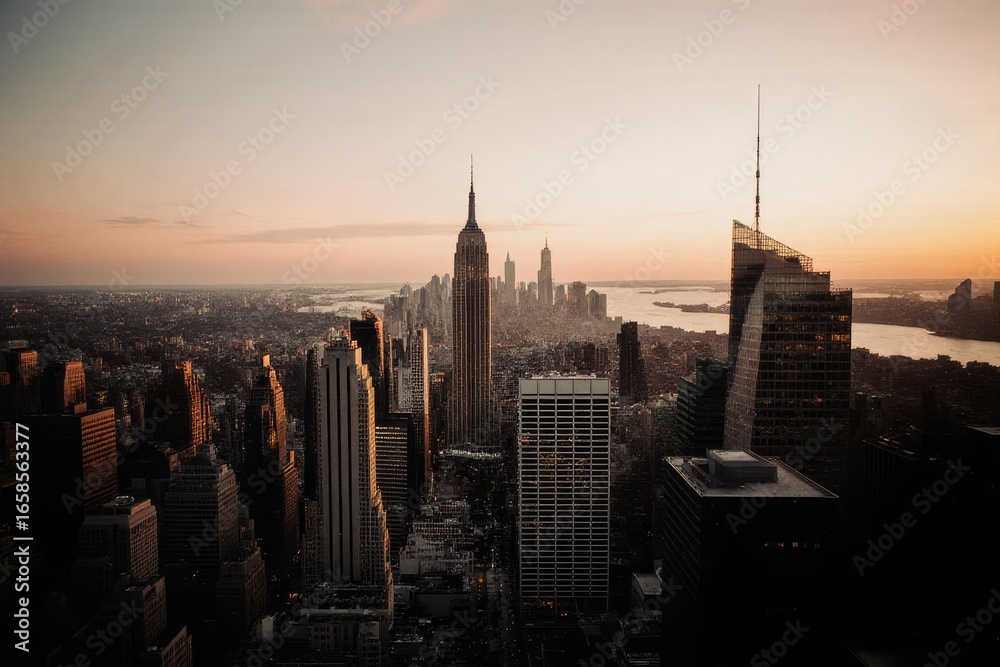 Fototapeta premium A stunning city skyline view with vibrant colors reflected in a calm river below