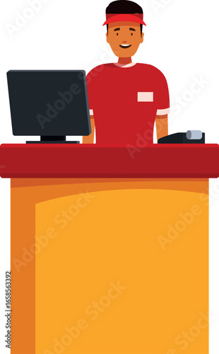 Smiling cashier standing at checkout counter, processing purchases in fast food restaurant or grocery store
