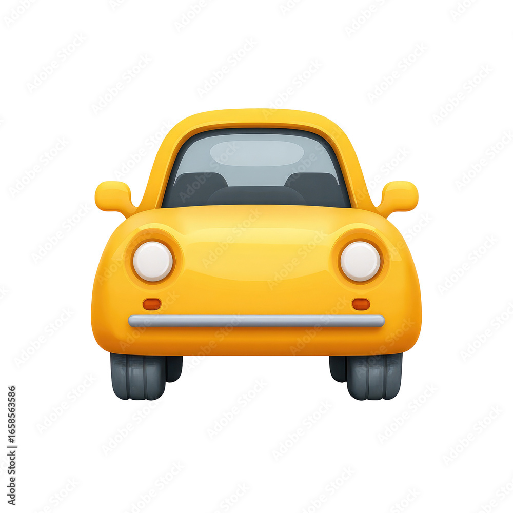 Obraz premium Front view of a simple, cartoonish, bright yellow car. Its design is stylized, with rounded shapes and simple details. The car appears to be a small sedan or coupe