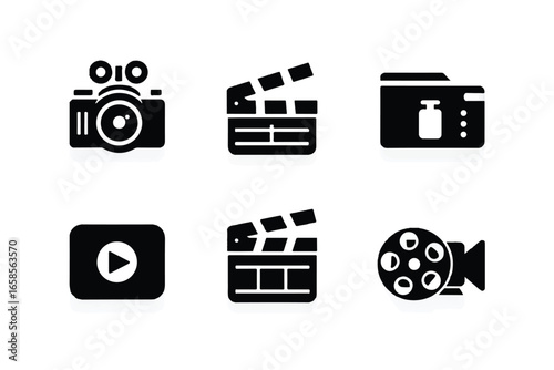 Collection of Black Cinema Icons on White Background representing film industry symbols and movie production elements