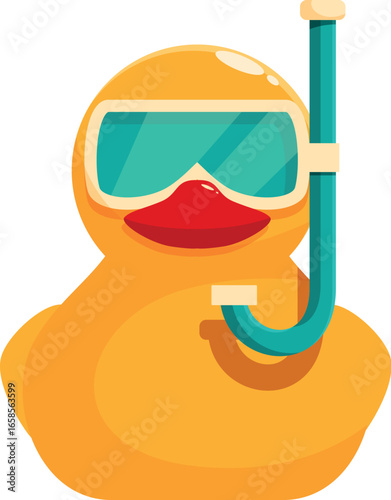 Cartoon illustration of a yellow rubber duck wearing a diving mask and snorkel, ready for an underwater adventure