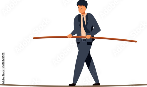 Businessman carefully walking on tightrope balancing with pole, managing risks and challenges in business