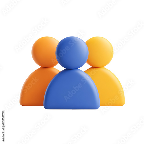 Three stylized, 3D people icons in orange and blue