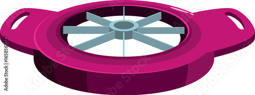 Round apple slicer with metal blades is dividing fruit into equal pieces for healthy snacking