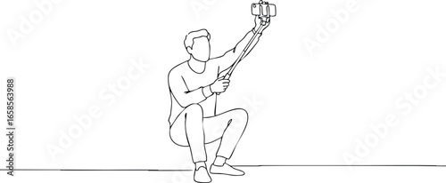 Young man taking selfie with smartphone sitting on ground simple line art vector 