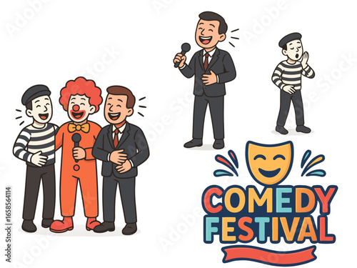 Comedy Festival Icons – Stand-Up, Clown, Mime, and Entertainment Illustration