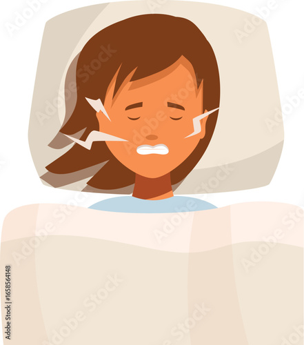 Woman suffering from bruxism, grinding teeth while sleeping, symptom of dental disease or stress