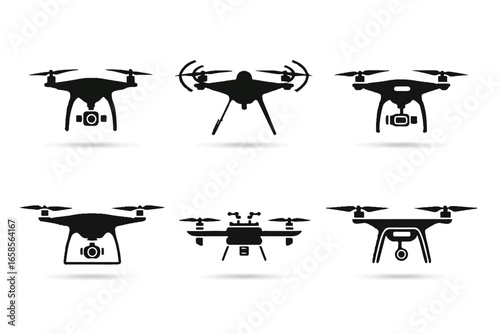 Collection of Drone Silhouettes on White Background showcasing Modern Aerial Technology and Innovation for Various Purposes