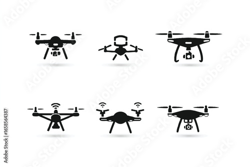 Collection of drone vector icons modern unmanned aerial vehicle designs in silhouette isolated on white background
