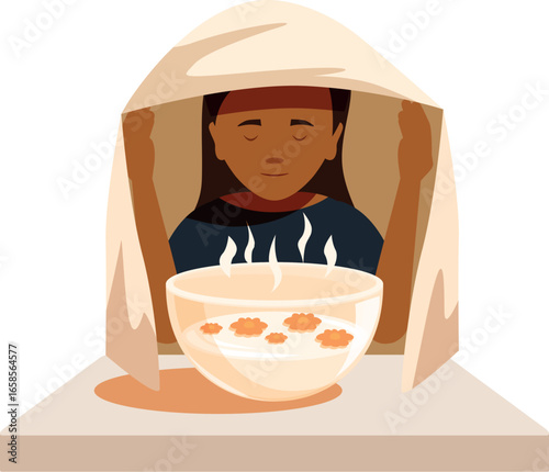 Woman enjoying a facial steam bath with flowers, promoting skin health and relaxation