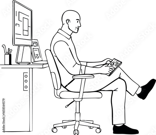 Businessman working on computer in office chair with crossed legs vector illustration 