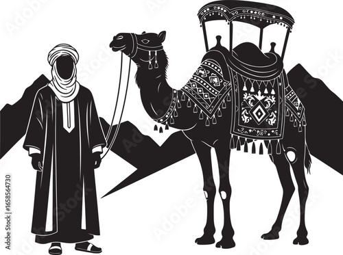 Black vector silhouette of a camel rider on an isolated white background