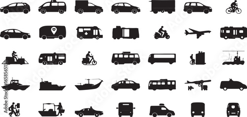 Transport glyph icon set. Vector pictograms of airplane, helicopter, boat, ferry, cargo, ship, motorcycle, bicycle, tram, subway, metro, black sign silhouette illustration
