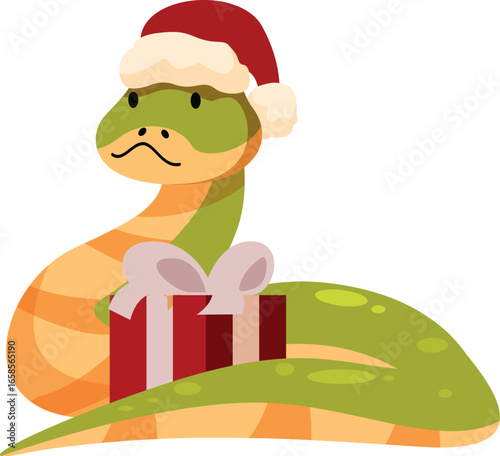 Adorable green snake wearing a santa claus hat and holding a christmas gift, perfect for holiday themed projects