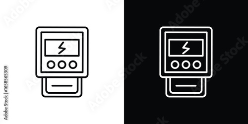 Electricity Meter Icon in Line Art with White and Black Backgrounds