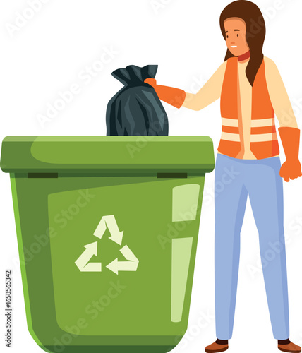 Volunteer putting a garbage bag inside a recycling bin, promoting environmental awareness and waste sorting