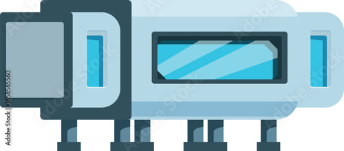 Futuristic mobile home featuring blue windows and multiple legs, ideal for showcasing innovative housing concepts