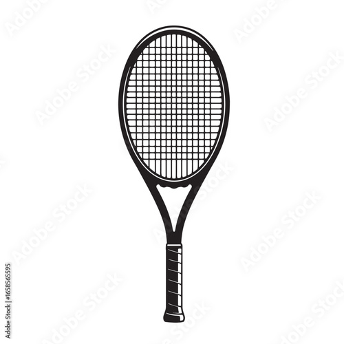 Black and white silhouette of a tennis racket isolated on a clean white background