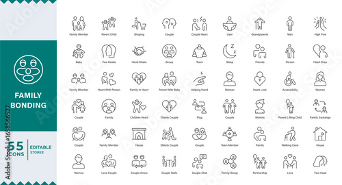family Bonding Family and Love Line Editable Icons set. Vector illustration in modern thin line style of relationships related icons: traditional and lgbtq couple, family members,Icon set