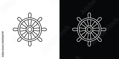 Ship Wheel Icon in Line Art Style, Isolated on White and Black Backgrounds