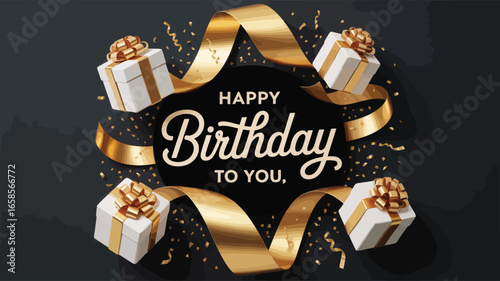 Quadro su tela Stylish happy birthday greeting with golden ribbon swirl, white gift boxes, and