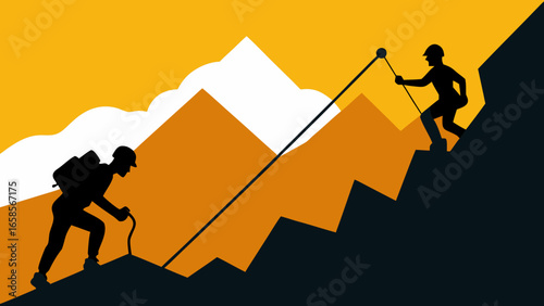 Silhouette Mountain Climbers Ascending Orange Mountains Rope Gear