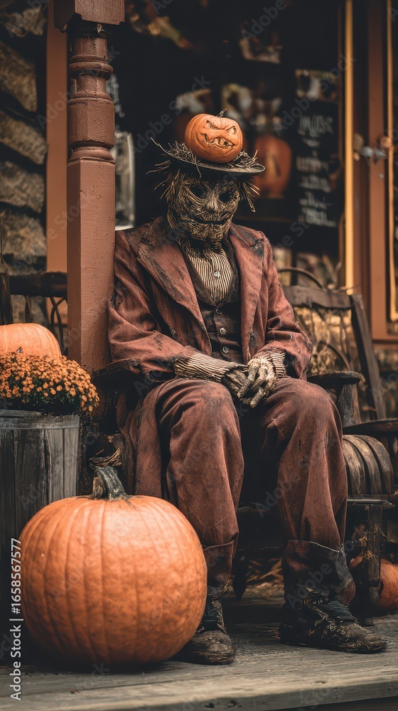 Fototapeta premium Scarecrow sits quietly on porch with pumpkins