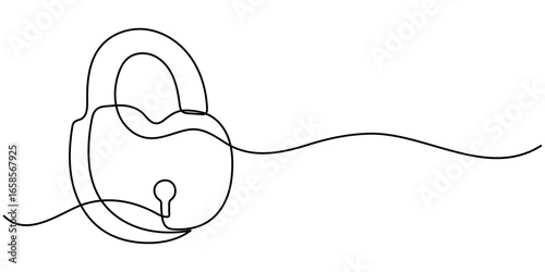 Continuous one line drawing of metal padlock. Padlock security sign symbol vector illustration. 
