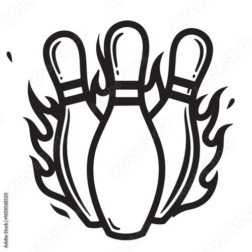 Bold black and white illustration of three bowling pins surrounded by flames