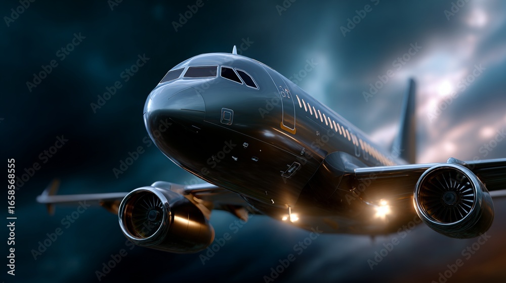 Fototapeta premium Sleek Modern Airplane Flying Against Dark Sky for Travel Theme