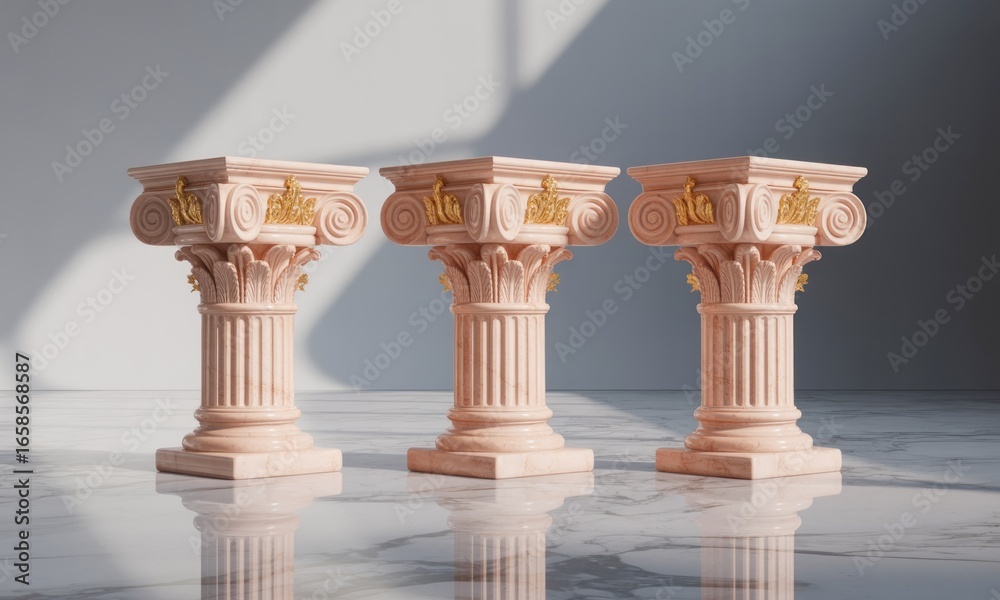 Obraz premium Three peach-colored ionic columns on a marble floor with sunlight