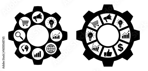 Vector art of business marketing and finance gears with icons representing growth, strategy, and success