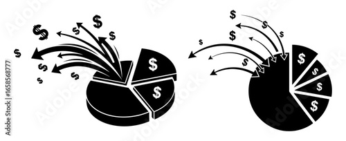Vector art of financial pie charts showing money flow and data analysis, representing business growth and investment trends