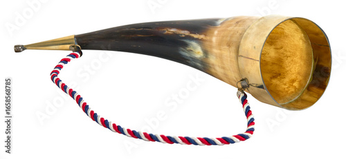 Tableau sur toile Traditional chilean drinking horn with brass rim and tricolor cord, isolated on