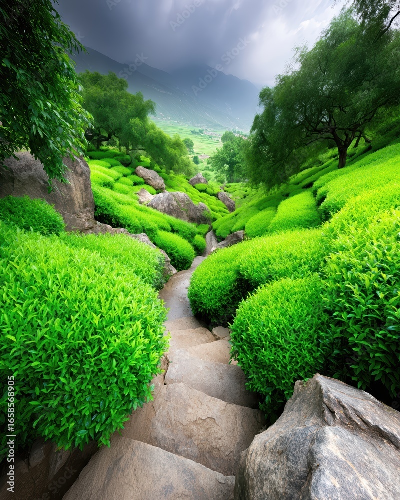 Obraz premium Scenic Pathway Through Lush Green Tea Gardens Under a Cloudy Sky in a Serene Landscape