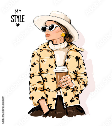 Hand drawn beautiful fashion woman in hat holding paper coffee cup. Stylish woman in leopard print jacket. Vector illustration 