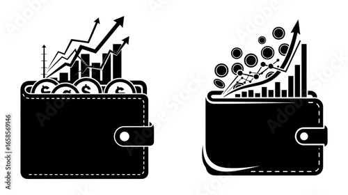 Vector art of wallet overflowing with coins and financial growth charts