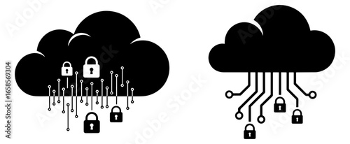 Vector art of black silhouette of a cloud with digital data streams and security locks, representing cloud security and data protection