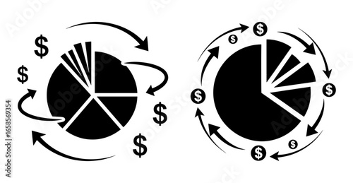 Vector art of financial pie charts with dollar signs and arrows indicating money flow