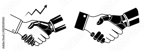 Vector art of robot and human shaking hands, symbolizing future business deals and technology partnership