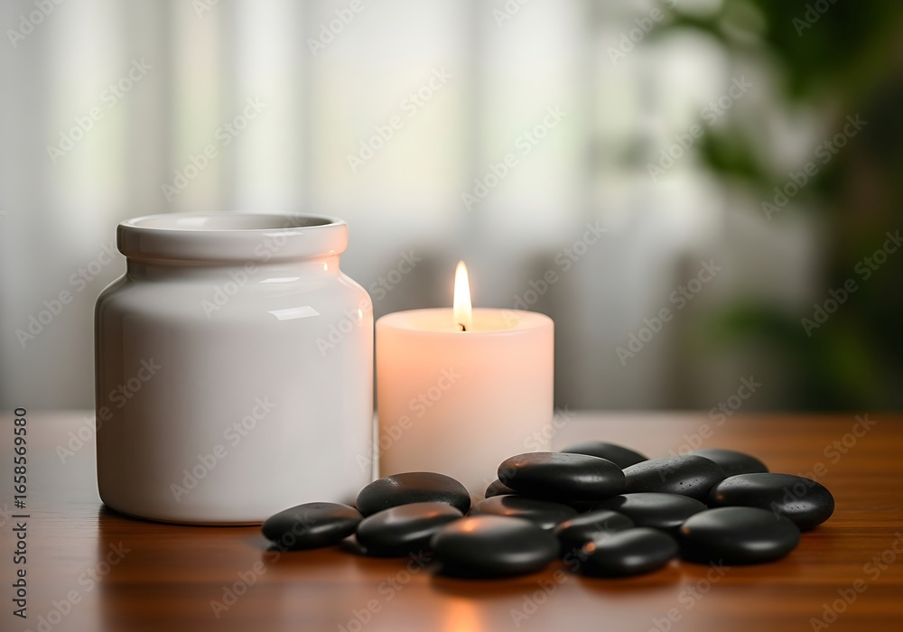 Serene spa setting with glowing candle smooth hot stones and ceramic jar on wooden surface for relaxation and wellness Serene spa setting with glowing candle smooth hot stones and ceramic jar on wooden surface for relaxation and wellness