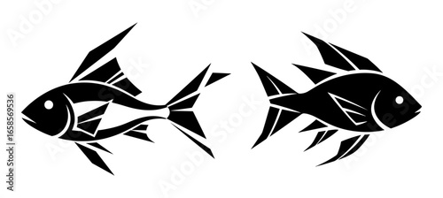 Vector art of two stylized black fish swimming in opposite directions