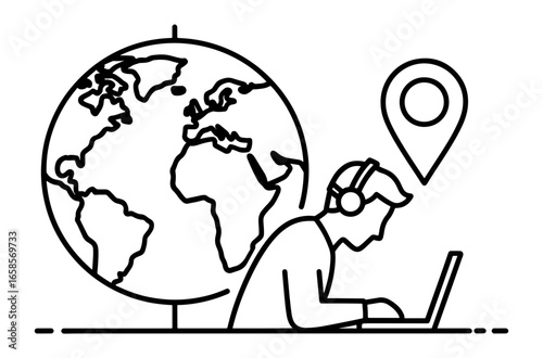 Vector art of person with headphones working on a laptop near a globe with a location pin, symbolizing global connection and online work