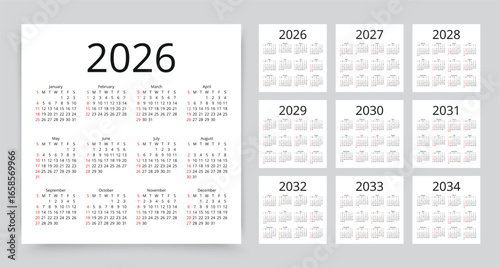2026, 2027, 2028, 2029, 2030, 2031, 2032, 2033, 2034 calendars. Calender templates. Desk planner layout. Week starts Sunday. Yearly organizer with 12 month. Planer grid in English. Vector illustration