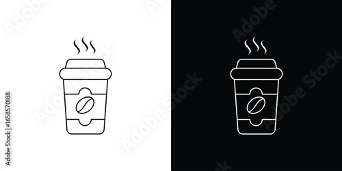 Coffee Cup Icon in Line Art with White and Black Backgrounds