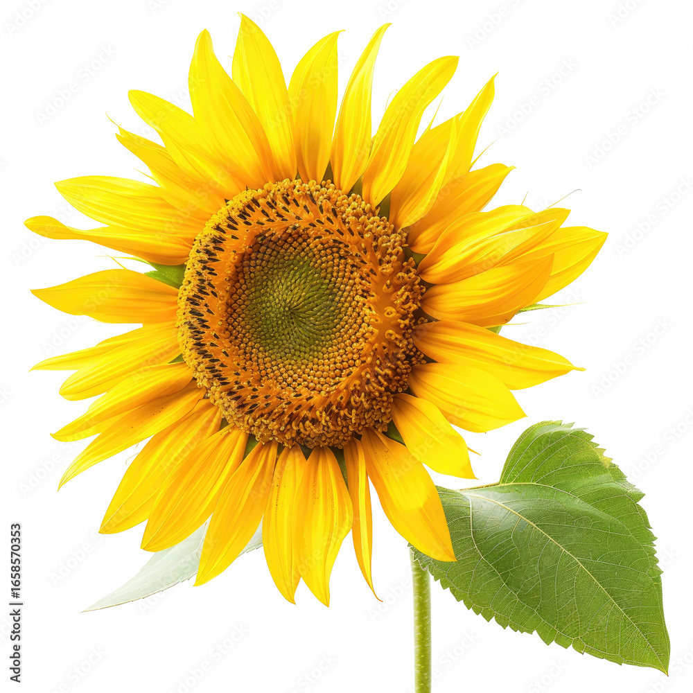 Fototapeta premium Bright yellow sunflower with textured center and green leaf