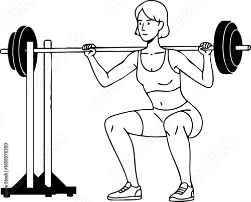 Woman performing barbell squat exercise strength training fitness vector illustration 